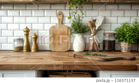 Kitchen brass utensils, chef accessories. Hanging kitchen with white tiles wall and wood tabletop.Green plant on kitchen background generated ai  116371137