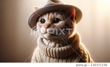 A charming ginger cat in a hat and a beige winter sweater. 116371156