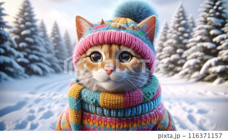 Adorable red cat in colorful winter gear 116371157