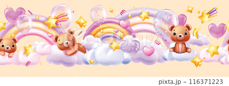 3D clouds rainbow seamless border, magic kids pink background, vector cute cartoon bear, stars.  116371223