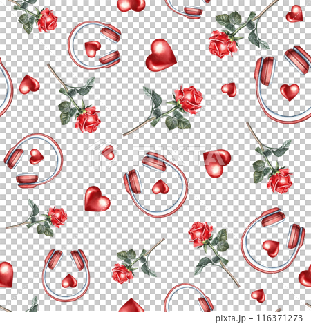 Musical romantic seamless pattern with red headphones and hearts and roses. The watercolor illustration is made by hand. For textiles, packaging paper, printing and more. Musical romantic seamless pattern with red headphones and hearts and roses. The watercolor illustration is made by hand. For textiles, packaging paper, printing and more. 116371273