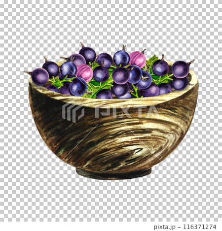 Black currant in a wooden bowl. Still life in a rustic style. Handmade watercolor illustrations. Isolates. For packages, labels and flyers. For banners, stickers. 116371274