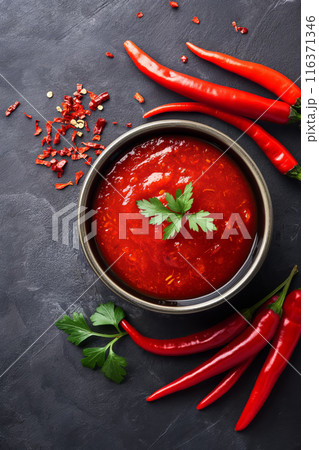 Chili Sauce and Red Peppers on Dark Background 116371346