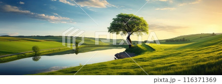 Tranquil spring or summer landscape with river and tree at sunset 116371369