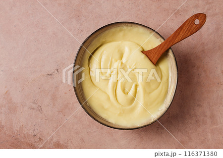 Mashed potatoes, homemade, on a beige table, no people, top view, 116371380