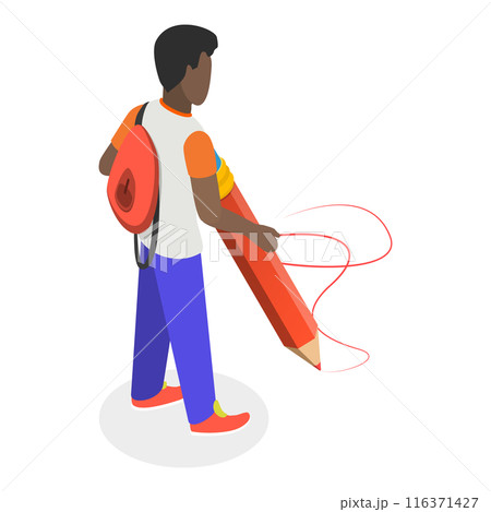 3D Isometric Flat  Set of Students Holding Giant Pencil. Item 4 116371427
