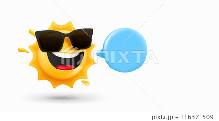 Happy sun emoji with speech bubble. 3d vector banner with copy space 116371509