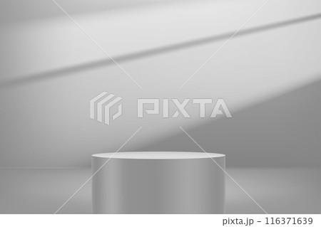 Grey luxury interior with sun flare and cylindrical podium 116371639