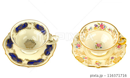 Vintage porcelain cups and saucer isolated on white. Collage. Free space for text. Wide photo. Vintage porcelain cups and saucer isolated on white. Collage. Free space for text. Wide photo. 116371716