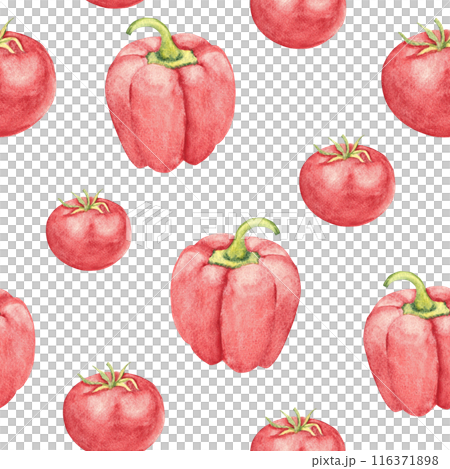 Tomato and Paprika Watercolor Seamless Pattern on a white background. Can be used for kitchen textile prints, product packaging design. 116371898