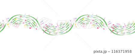 Undulating levitation music notes. Multicolored Notes flying through the waves of music. Seamless banner of note symbols. Watercolor illustration in classic style. Ornate isolated on white. 116371958