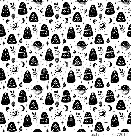 Seamless neo folk art vector pattern with mountains, moon and flowers, black and white floral design. Neo folk style endless background perfect for textile design. 116372012