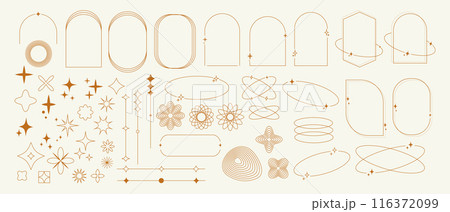 Set of boho geometric shapes in trendy retro style. Minimal Y2k aesthetic. Modern minimalist arch frame with sparkles. 116372099