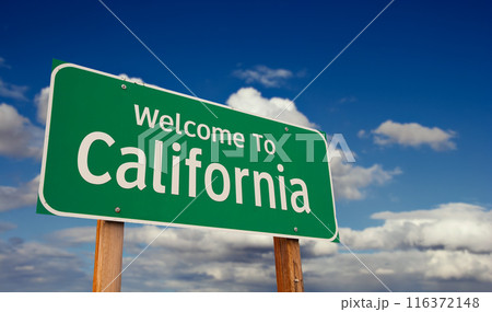 Welcome To California Green Road Sign Over Blue Sky with Some Clouds. 116372148
