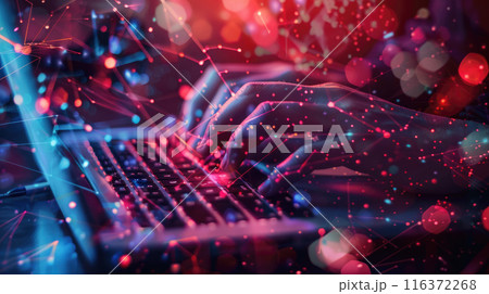 Person works on laptop on abstract background, human hands against digital pattern. Theme of network, connect, social media, global news, people, world, 116372268