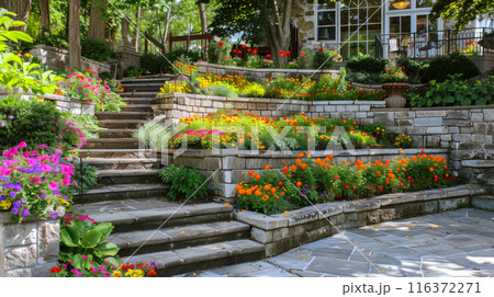 Home garden with stone retaining walls, design of luxury house backyard or terraced landscaped yard. Concept of landscaping, flower, summer, nature 116372271