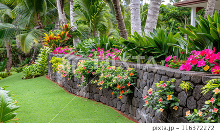 Home garden with stone retaining walls, design of luxury house backyard or tropical landscaped yard. Concept of landscaping, flower, plants, nature. 116372272