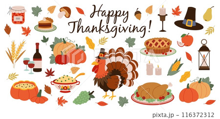 Cartoon thanksgiving day elements. Happy family autumn holiday, traditional food, harvest festival, pumpkins, turkey and pie, pilgrim hat and harvest, tidy vector isolated set Cartoon thanksgiving day elements. Happy family autumn holiday, traditional food, harvest festival, pumpkins, turkey and pie, pilgrim hat and harvest, tidy vector isolated set 116372312