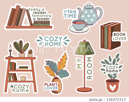 Cozy home stickers collection. Funny inspirational text with interior elements, hygge ambiance, bookshelves, lamps and indoor plants, hot tea, calm atmosphere, vector cartoon flat isolated set Cozy home stickers collection. Funny inspirational text with interior elements, hygge ambiance, bookshelves, lamps and indoor plants, hot tea, calm atmosphere, vector cartoon flat isolated set 116372313
