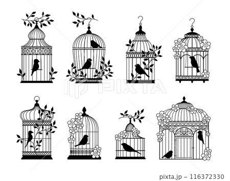 Vintage cages and decorative birds. Dark silhouettes of parrots and canaries houses, steel rods interlacing, freedom and prison, elegant black silhouettes, decorative elements, vector set 116372330