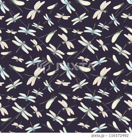 Dragonfly design in earthy colors on dark backdrop. Seamless pattern featuring delicate dragonflies. Watercolor illustration. For textile and fashion design project. Sophisticated, intricate aesthetic Dragonfly design in earthy colors on dark backdrop. Seamless pattern featuring delicate dragonflies. Watercolor illustration. For textile and fashion design project. Sophisticated, intricate aesthetic 116372492