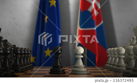 Slovakia And EU Flags. Politics And Conflict Concept 3D Illustration. Chess Board Game Play Slovakia And EU Flags. Politics And Conflict Concept 3D Illustration. Chess Board Game Play 116372493
