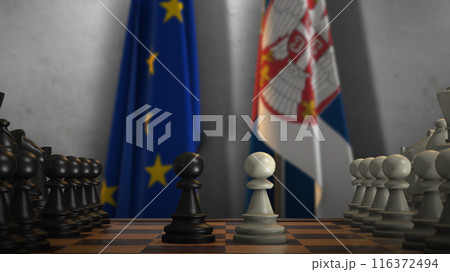 Serbia And EU Flags. Politics And Conflict Concept 3D Illustration. Chess Board Game Play Serbia And EU Flags. Politics And Conflict Concept 3D Illustration. Chess Board Game Play 116372494