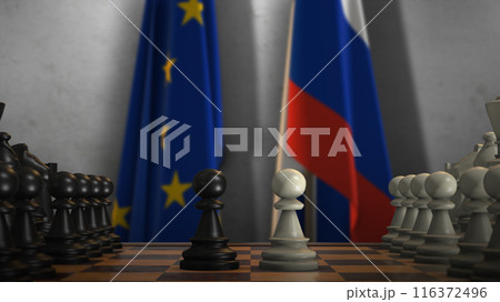 Russia And EU Flags. Politics And Conflict Concept 3D Illustration. Chess Board Game Play 116372496