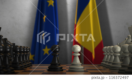 Romania And EU Flags. Politics And Conflict Concept 3D Illustration. Chess Board Game Play 116372497