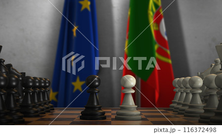 Portugal And EU Flags. Politics And Conflict Concept 3D Illustration. Chess Board Game Play Portugal And EU Flags. Politics And Conflict Concept 3D Illustration. Chess Board Game Play 116372498