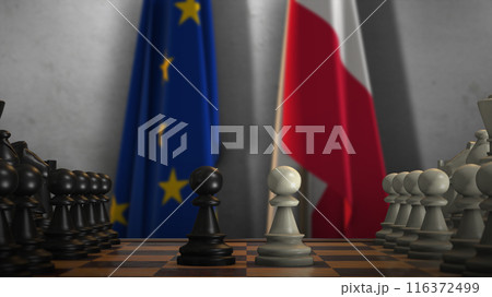 Poland And EU Flags. Politics And Conflict Concept 3D Illustration. Chess Board Game Play Poland And EU Flags. Politics And Conflict Concept 3D Illustration. Chess Board Game Play 116372499