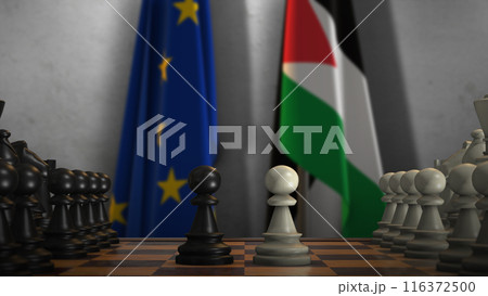 Palestine And EU Flags. Politics And Conflict Concept 3D Illustration. Chess Board Game Play 116372500
