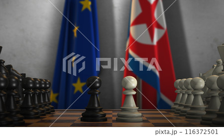 North Korea And EU Flags. Politics And Conflict Concept 3D Illustration. Chess Board Game Play North Korea And EU Flags. Politics And Conflict Concept 3D Illustration. Chess Board Game Play 116372501
