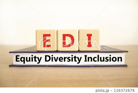 EDI equity diversity inclusion symbol. Concept words EDI equity diversity inclusion on wooden blocks and book. Beautiful white background. Business EDI equity diversity inclusion concept. Copy space. 116372678
