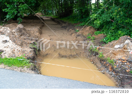 Construction site with muddy puddle, dirt path, hill, forest on right Construction site with muddy puddle, dirt path, hill, forest on right 116372810