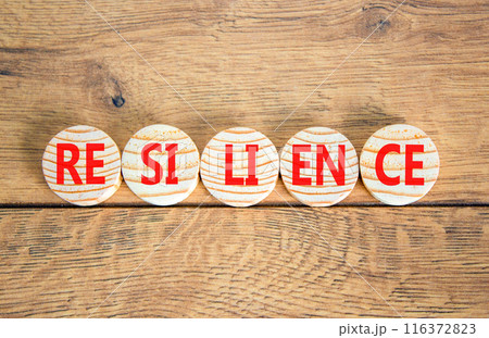 Resilience symbol. Concept word Resilience on beautiful wooden circles. Beautiful wooden background. Business resilience concept. Copy space. 116372823