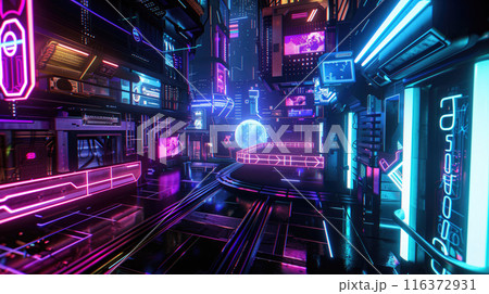 Futuristic cityscape, streets and shops with glass skyscrapers, neon lights, many reflections in blue purple colors 116372931