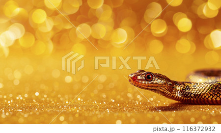 Green snake in red hat year on gold background with Christmas tree and lights. New year design Green snake in red hat year on gold background with Christmas tree and lights. New year design 116372932