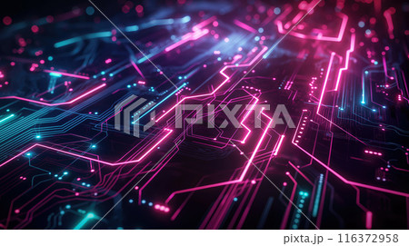 Glowing cyber circuit board with intricate neon lines and high-tech digital patterns 116372958