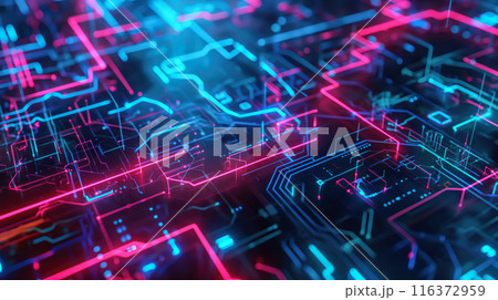 Luminous abstract circuit board with colorful neon lights and futuristic tech patterns 116372959