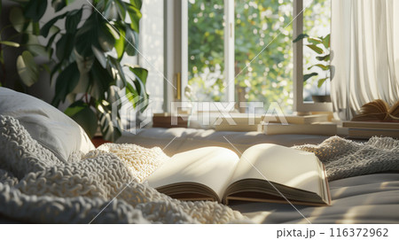 Cozy bed with open book mockup in sunlit bedroom with plants and natural light 116372962
