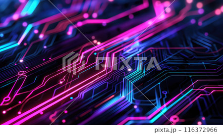 Colorful futuristic circuit board with luminous pathways and advanced digital network Colorful futuristic circuit board with luminous pathways and advanced digital network 116372966