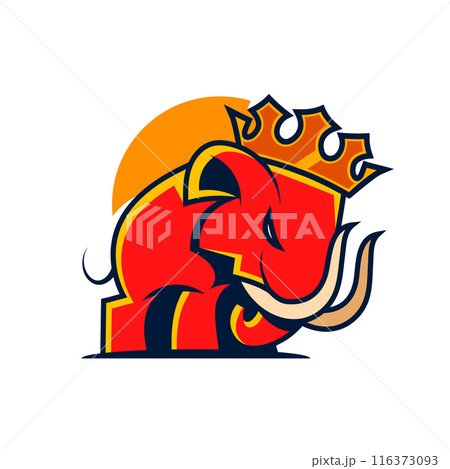 Elephant King With Crown Logo Design Vector Template With Luxury Gold Colour, Elephant logo king concept, Elephant King Logo Design. Elephant crown king logo vector icon 116373093