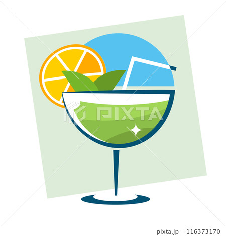 Cocktail in a glass a stylish vector illustration in a hand-drawn style representing a yellow-orange drink with a slice of lemon and a mint leaf. 116373170