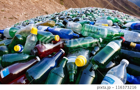 Heap of used empty multicolor plastic bottles, environmental pollution, fields and slopes littered with waste 116373216