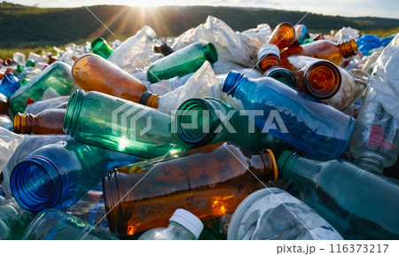 Beautiful landscape littered with used plastic bottles and bags, environmental pollution 116373217