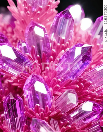 Weirdly shaped crystals that look like flowers, close-up bright abstract blue and pink background 116373300