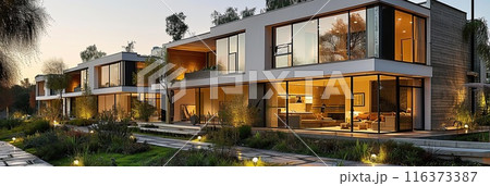Evening view of the beautiful residential houses of modern architecture 116373387