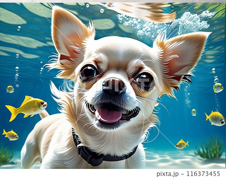 A cute Chihuahua dog swims underwater. Generated AI.  116373455