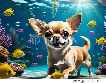 A cute Chihuahua dog swims underwater. Generated AI. A cute Chihuahua dog swims underwater. Generated AI. 116373459